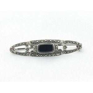 Sterling Silver Marcasite and Onyx Bar Pin Brooch